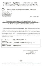 Potwierdzenie przyj�cia formularza przekazania danych do Krajowego Systemu Informowania o Kosmetykach wprowadzonych do obrotu na terenie Rzeczypospolitej Polskiej wydane przez Instytut Medycyny Pracy im. J. Nofera w �odzi.